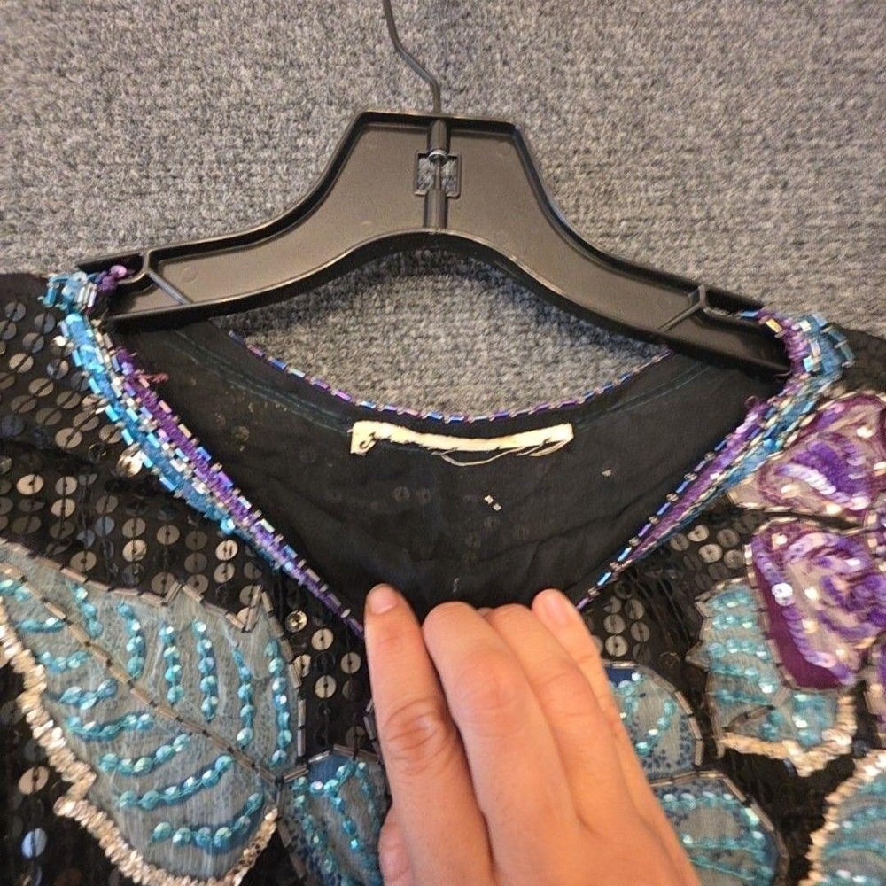 Fantasy by Lisa Kane Sequin Blouse Women's Medium Multicolor Beaded Floral Vtg View 5